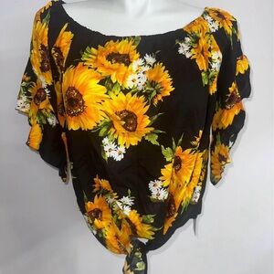 Black and Yellow Flutter Sleeve sunflower Blouse with Tie Front